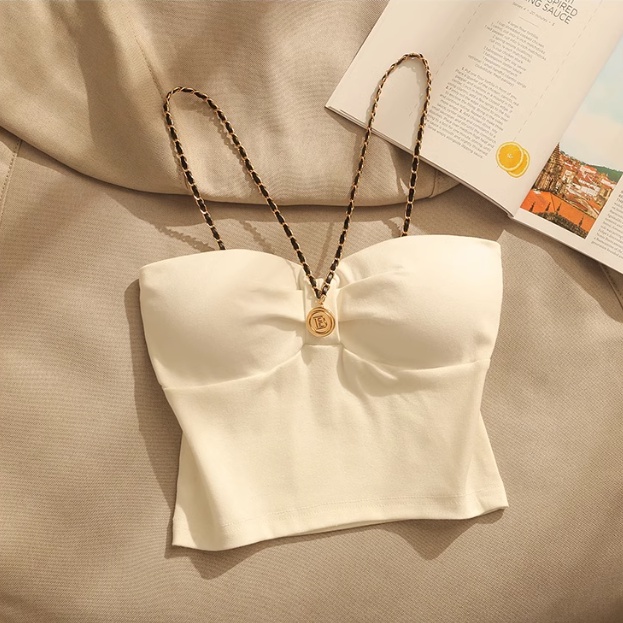 Jiashucheng Áo Ống Ngắn Ôm Ngực Phối Dây Xích Gợi Cảm Mùa Hè Cho Nữ