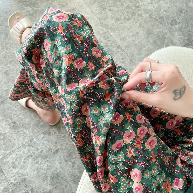 Jiashucheng Quần Ống Rộng Dài Đến Mắt Cá Chân Dáng Rộng Mỏng Họa Tiết Hoa Lá Mùa Hè Chống Muỗi Ôm Dáng Giản Dị