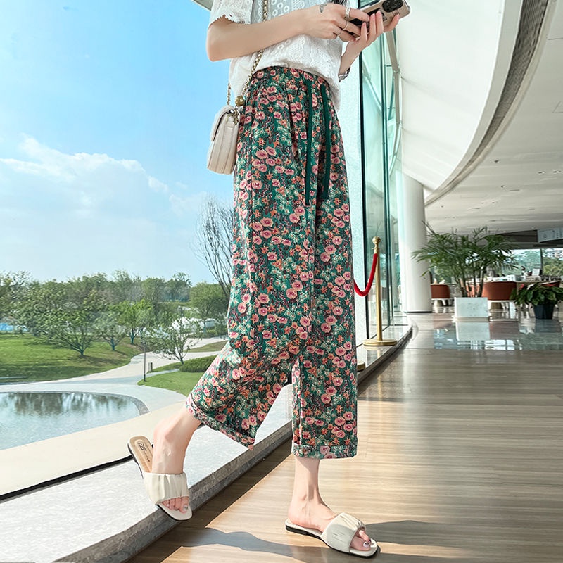 Jiashucheng Quần Ống Rộng Dài Đến Mắt Cá Chân Dáng Rộng Mỏng Họa Tiết Hoa Lá Mùa Hè Chống Muỗi Ôm Dáng Giản Dị