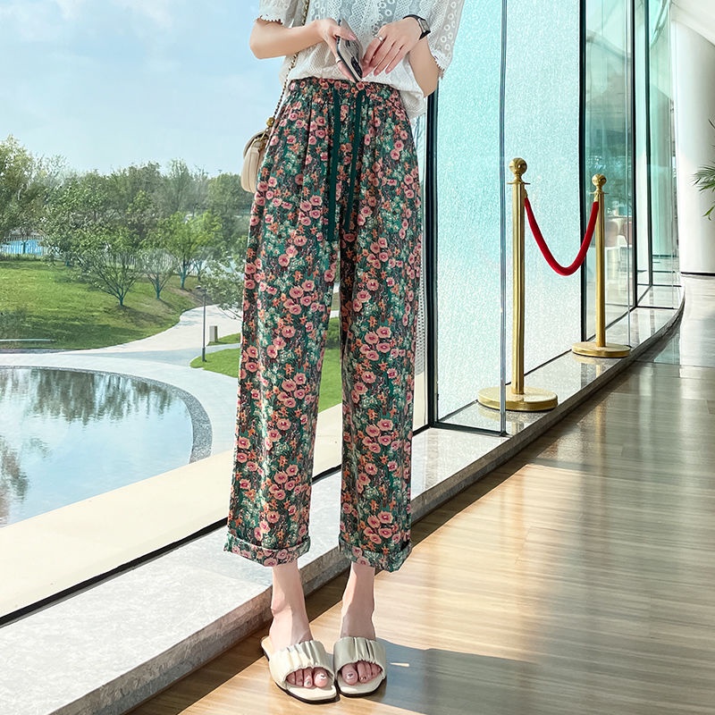 Jiashucheng Quần Ống Rộng Dài Đến Mắt Cá Chân Dáng Rộng Mỏng Họa Tiết Hoa Lá Mùa Hè Chống Muỗi Ôm Dáng Giản Dị