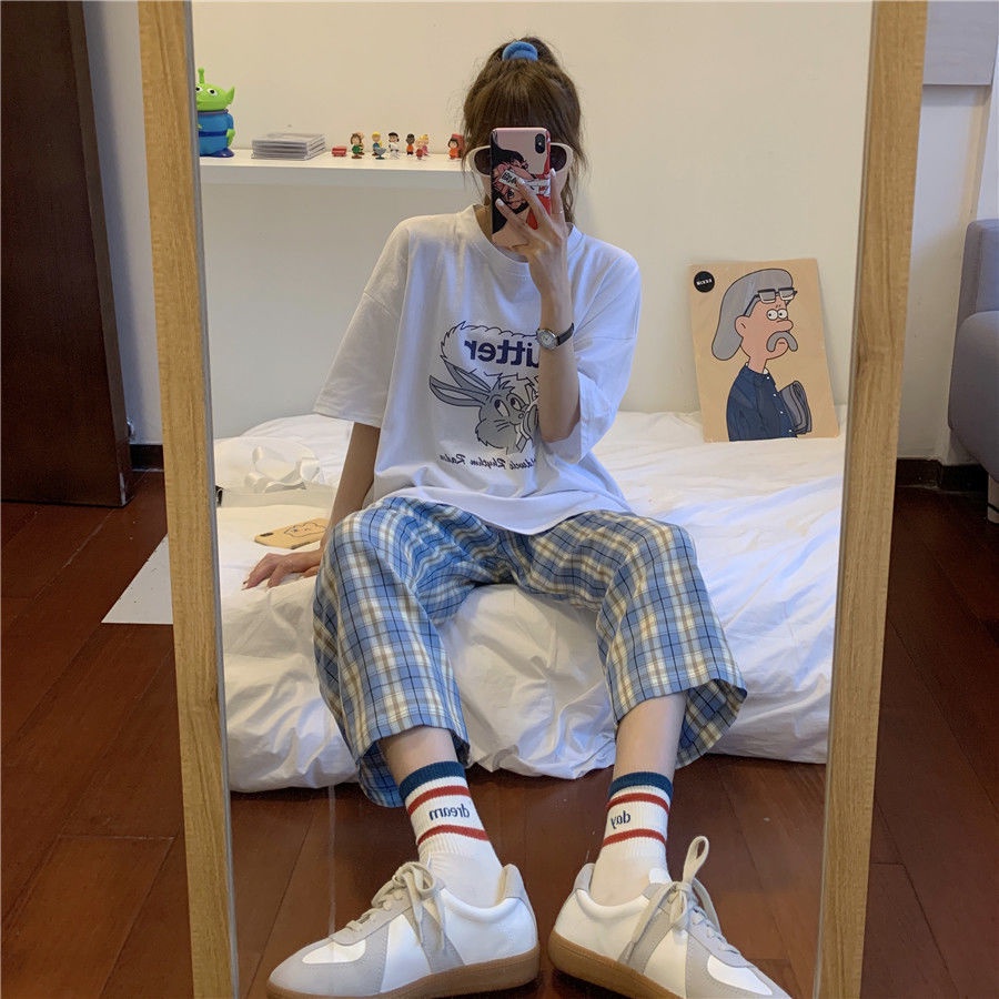 Jiashucheng Quần Ống Rộng Lưng Cao Họa Tiết Kẻ Sọc Phong Cách Hàn Quốc Thời Trang Mùa Hè Cho Nữ