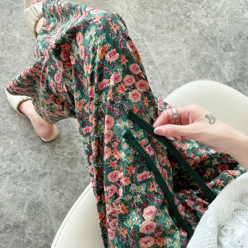 Jiashucheng Quần Ống Rộng Dài Đến Mắt Cá Chân Dáng Rộng Mỏng Họa Tiết Hoa Lá Mùa Hè Chống Muỗi Ôm Dáng Giản Dị