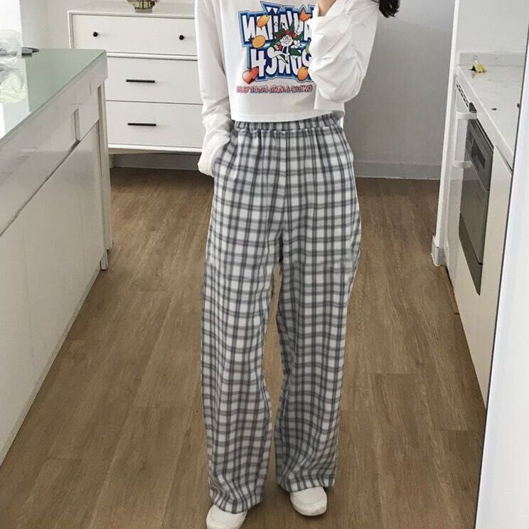 Jiashucheng Quần Ống Rộng Lưng Cao Họa Tiết Kẻ Sọc Phong Cách Hàn Quốc Thời Trang Mùa Hè Cho Nữ