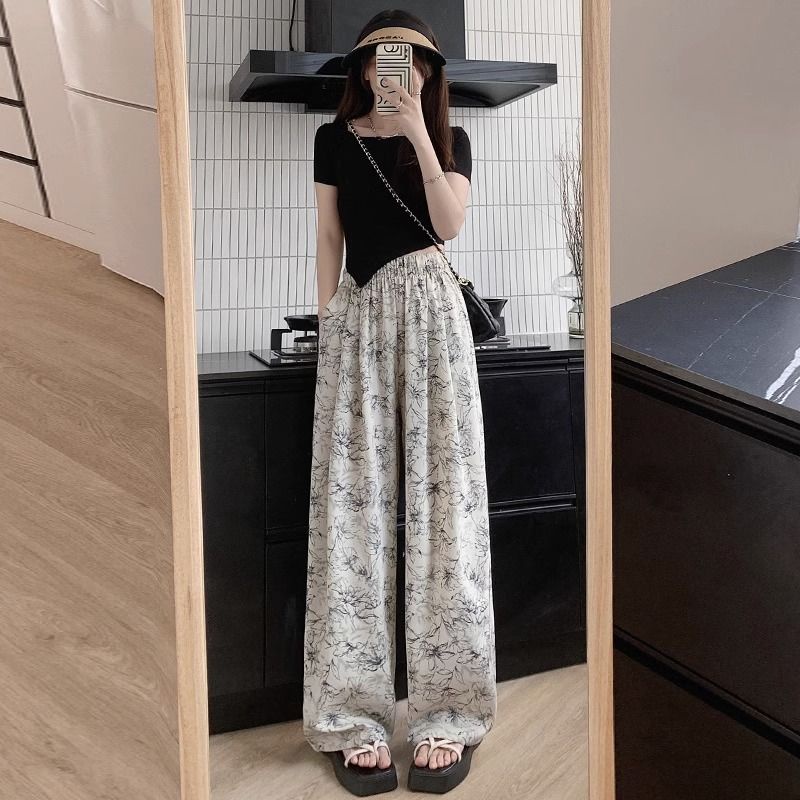 Quần Dài Lưng Cao Ống Rộng Khô Nhanh In Họa Tiết Hoa Thời Trang Mùa Hè Mới Cho Nữ