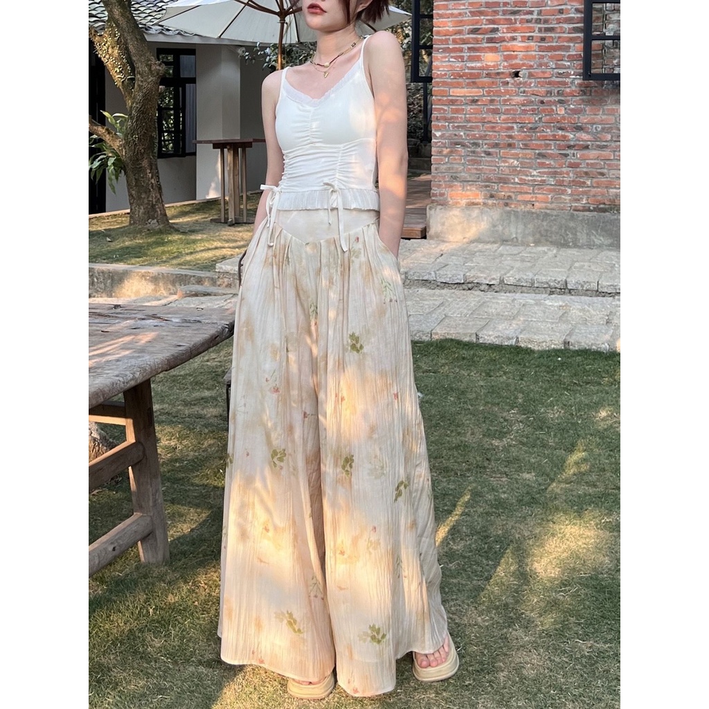 Jiashucheng Quần Ống Rộng Lưng Cao In Họa Tiết Hoa Mực Phong Cách Trung Quốc Thời Trang Mùa Hè Hàng Mới Dành Cho Bạn Nữ