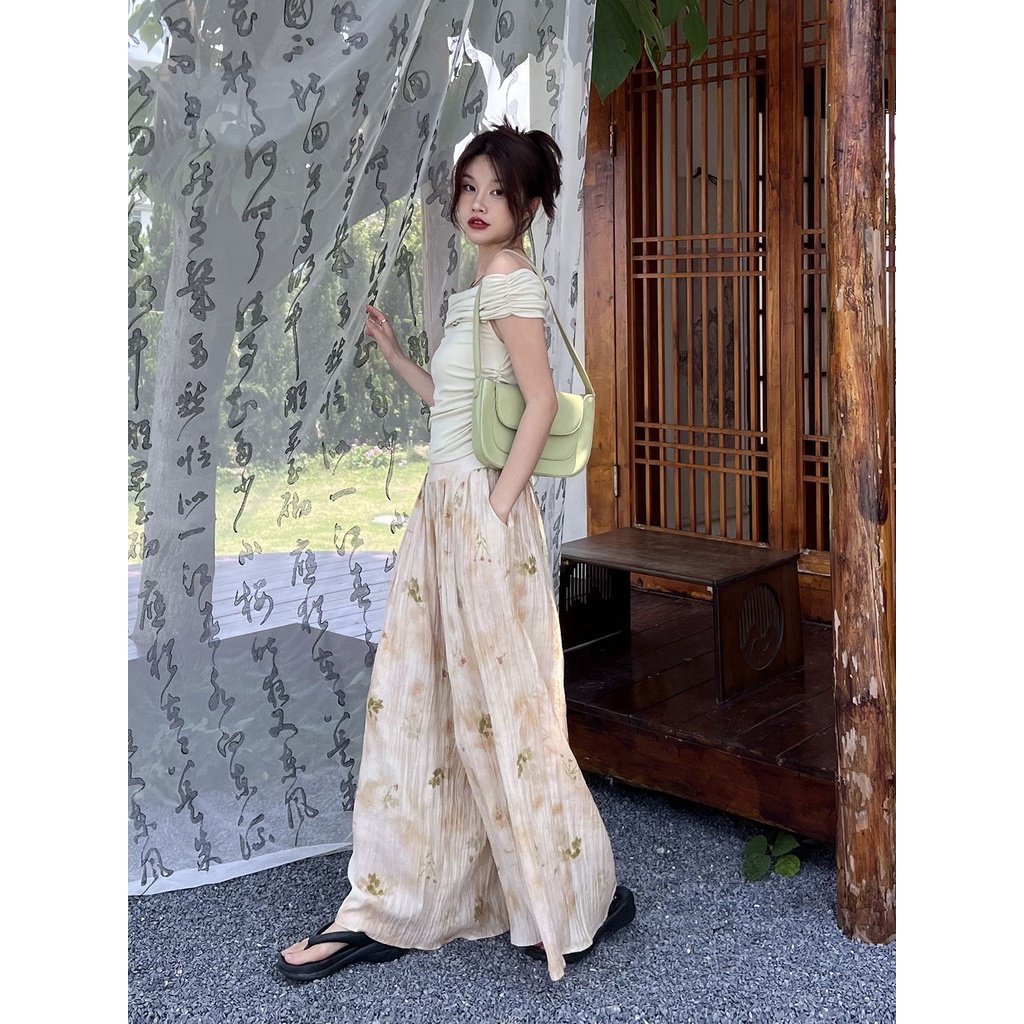 Jiashucheng Quần Ống Rộng Lưng Cao In Họa Tiết Hoa Mực Phong Cách Trung Quốc Thời Trang Mùa Hè Hàng Mới Dành Cho Bạn Nữ