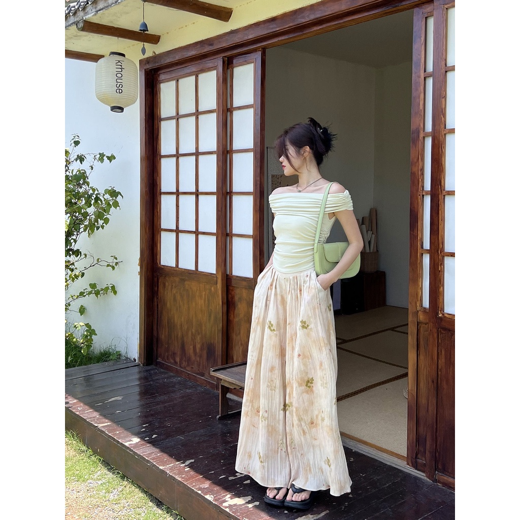 Jiashucheng Quần Ống Rộng Lưng Cao In Họa Tiết Hoa Mực Phong Cách Trung Quốc Thời Trang Mùa Hè Hàng Mới Dành Cho Bạn Nữ