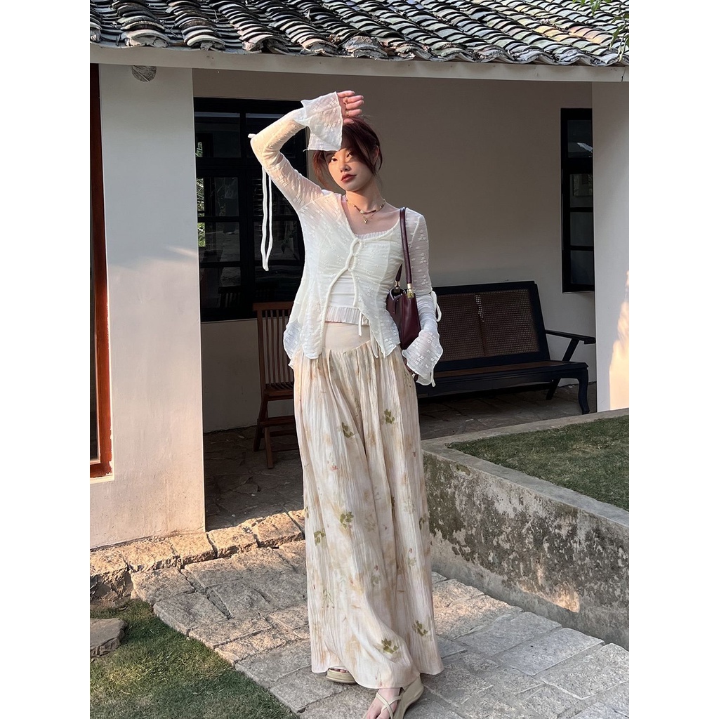 Jiashucheng Quần Ống Rộng Lưng Cao In Họa Tiết Hoa Mực Phong Cách Trung Quốc Thời Trang Mùa Hè Hàng Mới Dành Cho Bạn Nữ