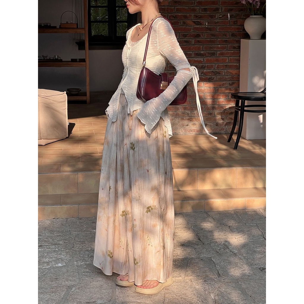 Jiashucheng Quần Ống Rộng Lưng Cao In Họa Tiết Hoa Mực Phong Cách Trung Quốc Thời Trang Mùa Hè Hàng Mới Dành Cho Bạn Nữ