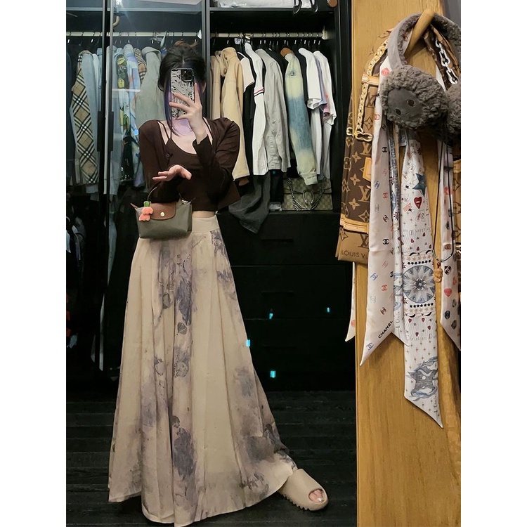 Jiashucheng Quần Culottes Dáng Chữ a Rộng In Họa Tiết Cây Cối Chống Nhiễm Trùng Phong Cách Mới Mùa Hè Dễ Phối Đồ