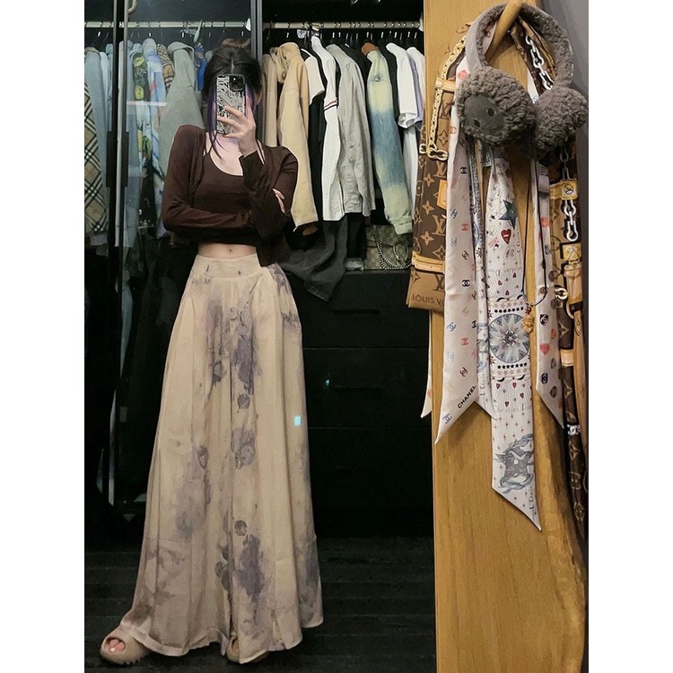 Jiashucheng Quần Culottes Dáng Chữ a Rộng In Họa Tiết Cây Cối Chống Nhiễm Trùng Phong Cách Mới Mùa Hè Dễ Phối Đồ