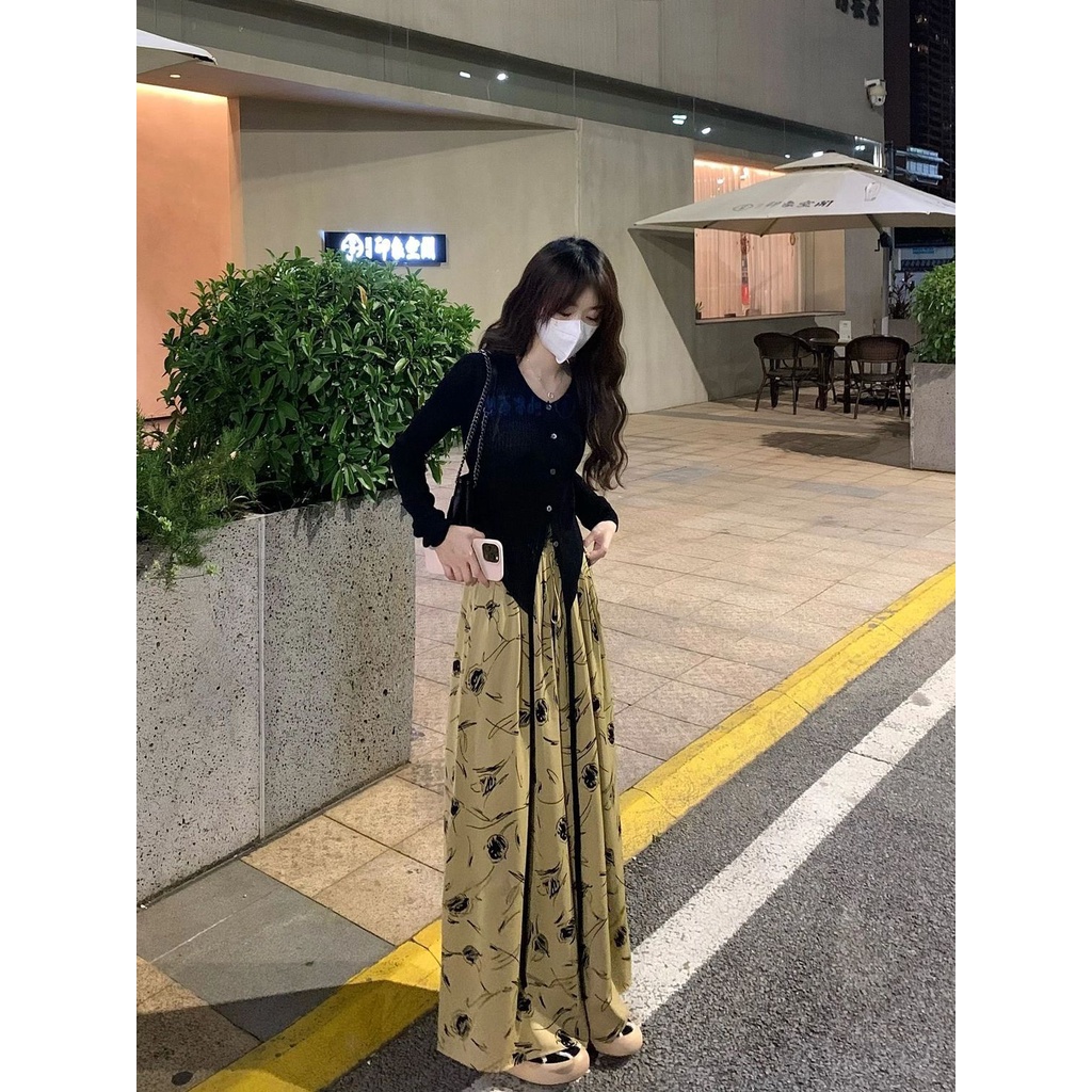 Jiashucheng Quần Culottes Ống Rộng Lưng Cao In Họa Tiết Hoa Phong Cách Trung Quốc Thời Trang Mùa Hè Mới Cho Nữ