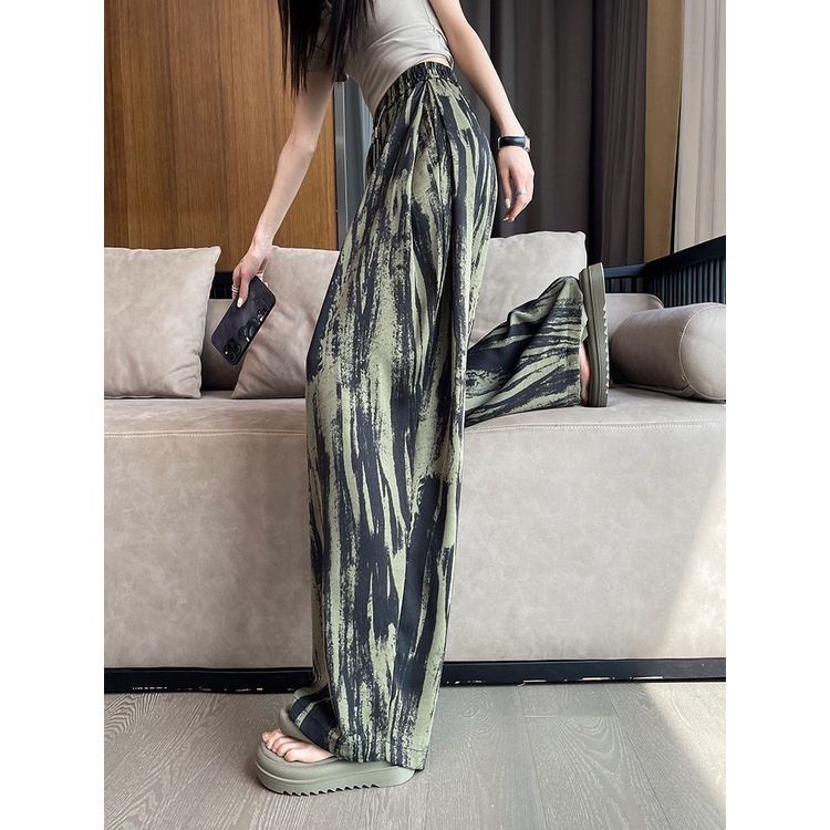 Jiashucheng Quần Dài Dáng Suông Rộng Eo Cao Vải Lụa Lạnh Nhuộm Màu Phong Cách Mới Mùa Hè Cho Nữ @ -