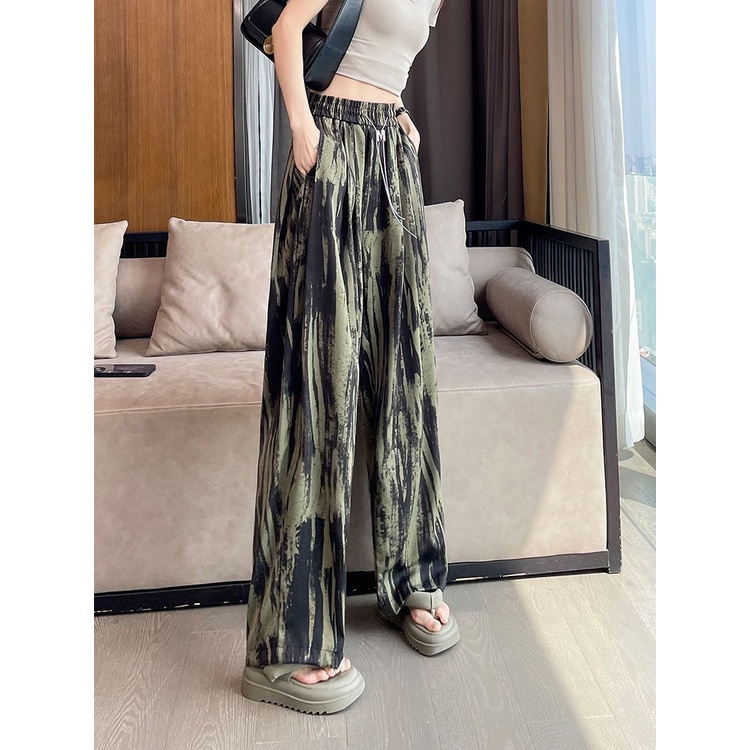 Jiashucheng Quần Dài Dáng Suông Rộng Eo Cao Vải Lụa Lạnh Nhuộm Màu Phong Cách Mới Mùa Hè Cho Nữ @ -