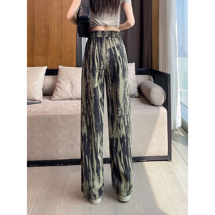 Jiashucheng Quần Dài Dáng Suông Rộng Eo Cao Vải Lụa Lạnh Nhuộm Màu Phong Cách Mới Mùa Hè Cho Nữ @ -