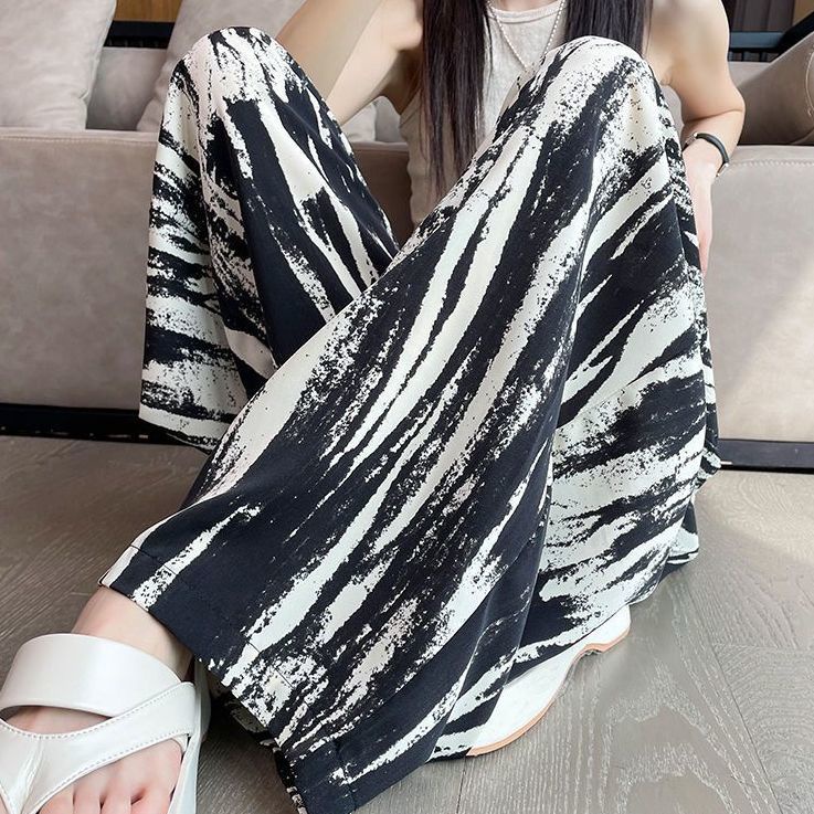 Jiashucheng Quần Dài Dáng Suông Rộng Eo Cao Vải Lụa Lạnh Nhuộm Màu Phong Cách Mới Mùa Hè Cho Nữ @ -