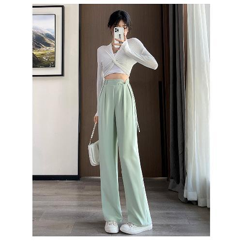 Jiashucheng Quần Ống Rộng Thẳng Lưng Cao Cài Khóa Phong Cách Mới Mùa Hè Cho Nữ