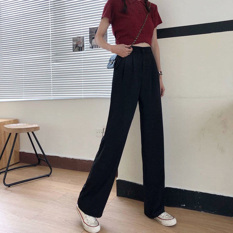 Quần Dài Ống Rộng Lưng Cao Màu Đen Phong Cách Hàn Quốc Thời Trang Mùa Thu Cho Nữ