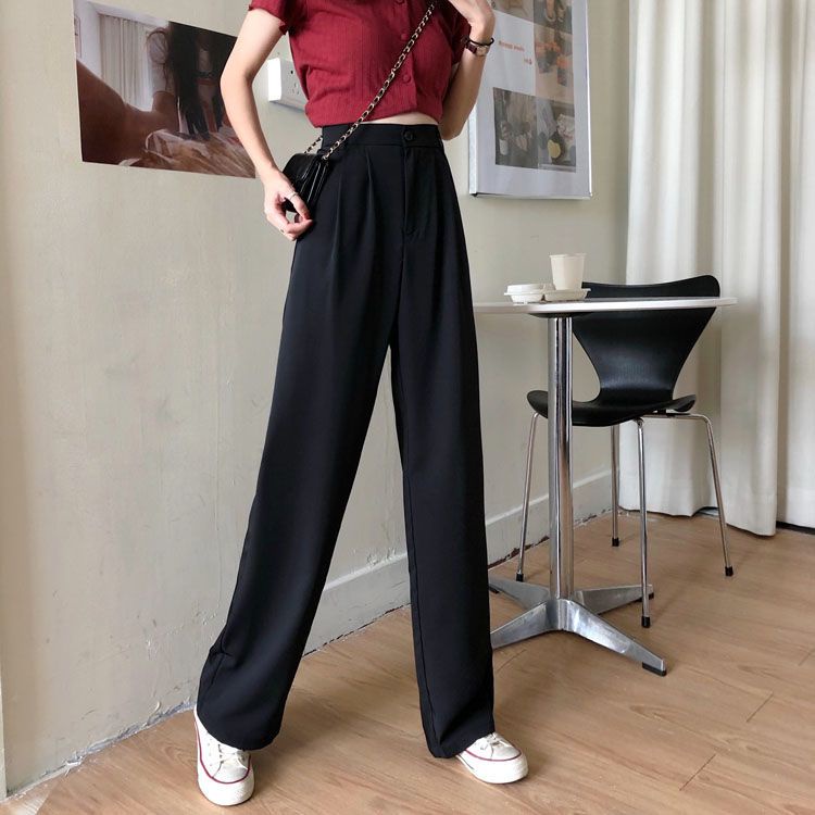 Quần Dài Ống Rộng Lưng Cao Màu Đen Phong Cách Hàn Quốc Thời Trang Mùa Thu Cho Nữ