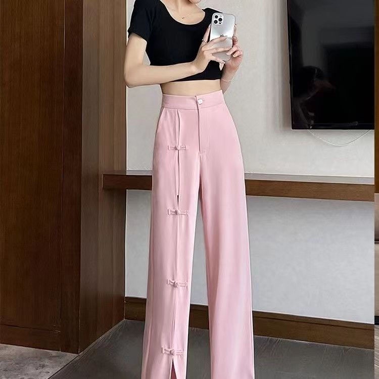 Jiashucheng Quần Ống Rộng Phối Nút Đĩa Phong Cách Trung Hoa Hợp Thời Trang Mùa Hè Cho Nữ
