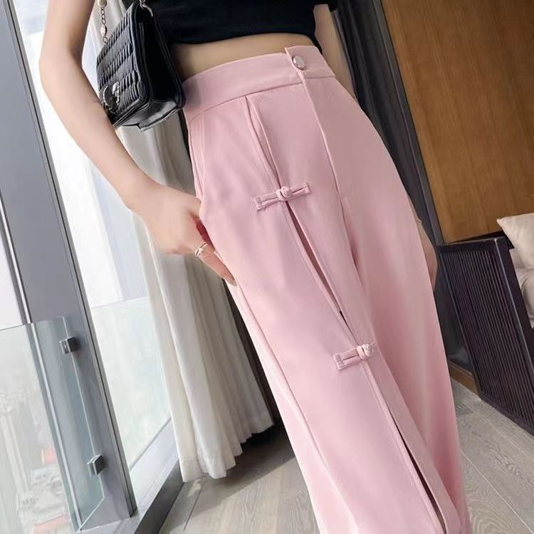 Jiashucheng Quần Ống Rộng Phối Nút Đĩa Phong Cách Trung Hoa Hợp Thời Trang Mùa Hè Cho Nữ