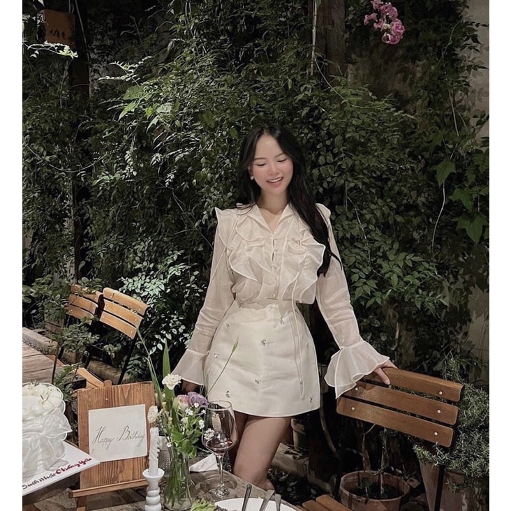 Set Áo Voan Bèo Dài Tay Phối Chân Váy Dễ Thương hàng Thiết Kế Chất Đẹp Cao Cấp