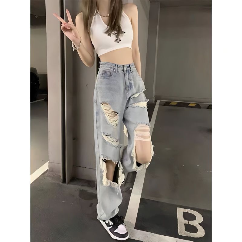 Quần Denim Lưng Cao Ống Rộng Phối Rách Thời Trang Mùa Thu Hàn Quốc 2023 Mới