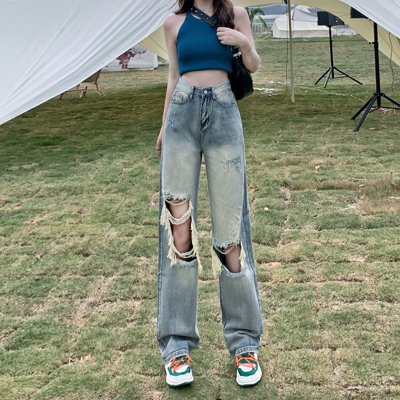 Jiashucheng Quần Jean Rách Lưng Cao Dáng Rộng Nhỏ Thời Trang Mùa Hè Mới