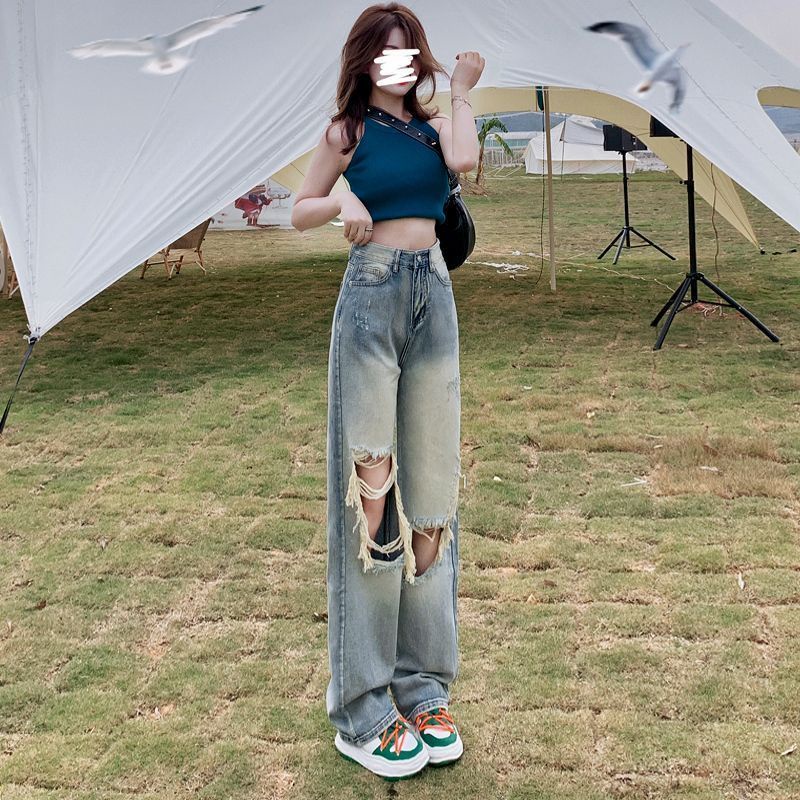 Jiashucheng Quần Jean Rách Lưng Cao Dáng Rộng Nhỏ Thời Trang Mùa Hè Mới