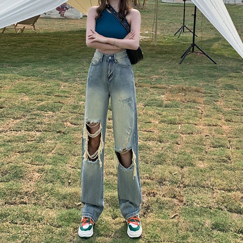 Jiashucheng Quần Jean Rách Lưng Cao Dáng Rộng Nhỏ Thời Trang Mùa Hè Mới