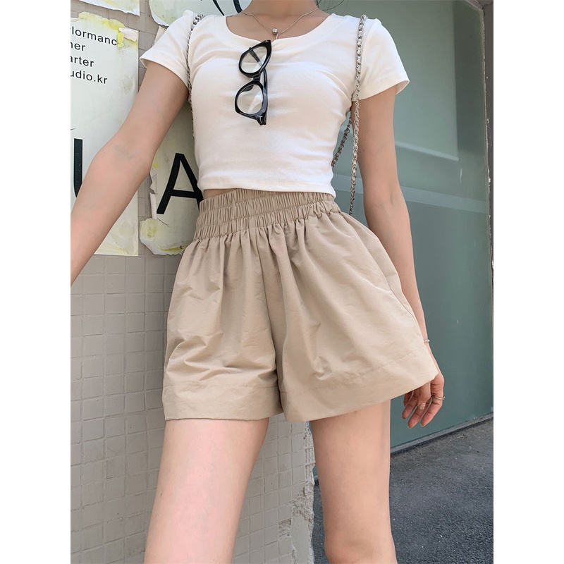 Jiashucheng Quần Short Lưng Cao Ống Rộng Màu Trơn Phong Cách Hàn Quốc Thời Trang Mùa Hè Hàng Mới Dành Cho Bạn Nữ