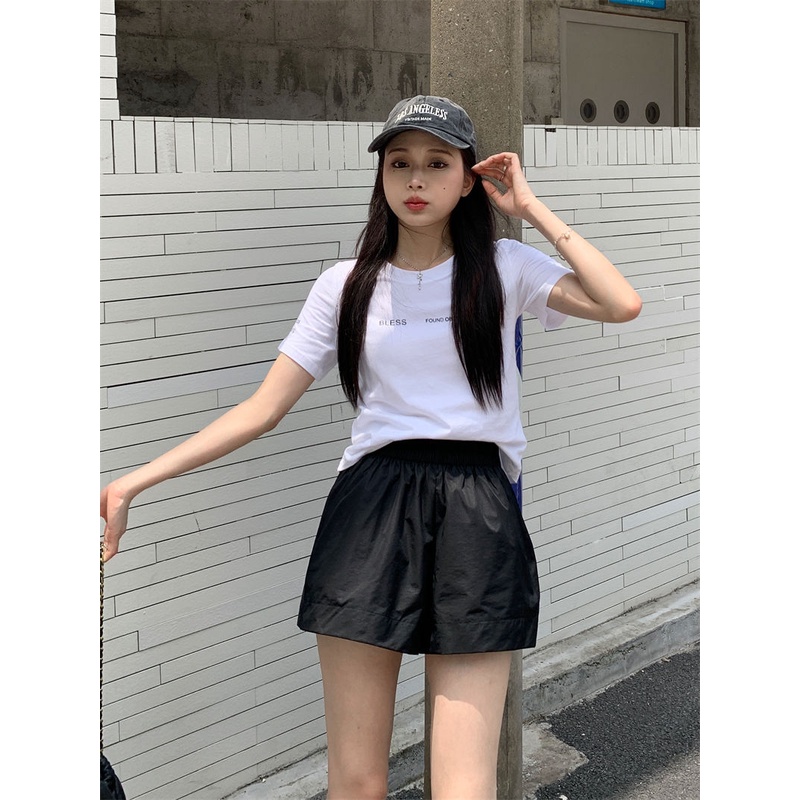 Jiashucheng Quần Short Lưng Cao Ống Rộng Màu Trơn Phong Cách Hàn Quốc Thời Trang Mùa Hè Hàng Mới Dành Cho Bạn Nữ