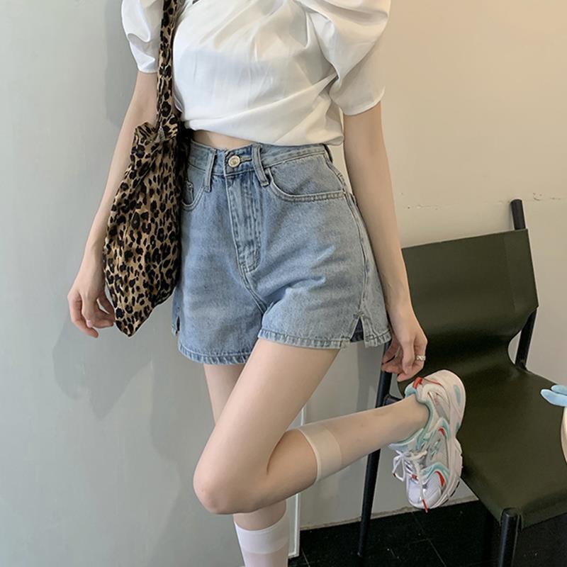 Jiashucheng Quần Short Denim Lưng Cao Ống Rộng Xẻ Tà Thời Trang Mùa Hè Hàn Quốc Dễ Phối Đồ
