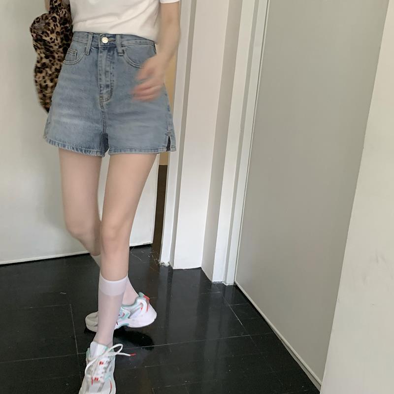 Jiashucheng Quần Short Denim Lưng Cao Ống Rộng Xẻ Tà Thời Trang Mùa Hè Hàn Quốc Dễ Phối Đồ