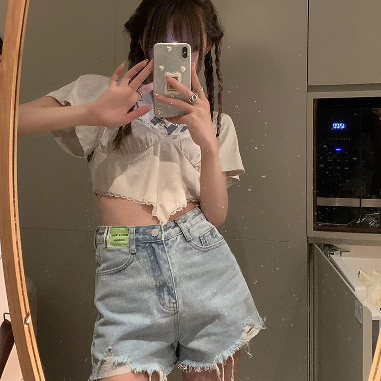 Jiashucheng Quần Short Denim Rách Dáng Chữ a Lưng Cao Màu Xanh Lá Phối Nhãn Hàng Mới Thời Trang Mùa Hè Dành Cho Bạn Nữ