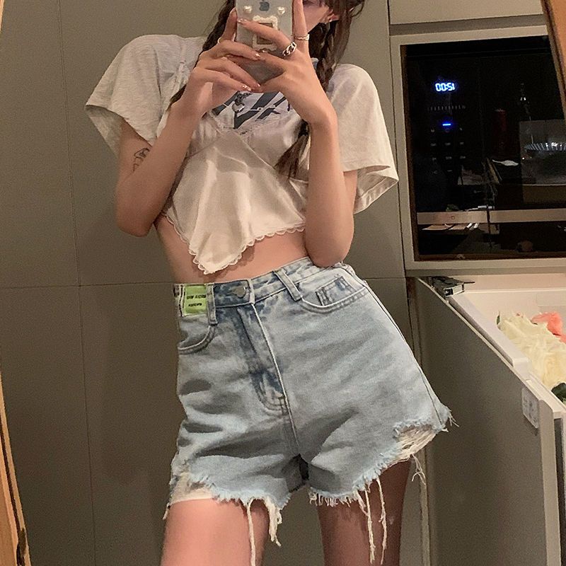 Jiashucheng Quần Short Denim Rách Dáng Chữ a Lưng Cao Màu Xanh Lá Phối Nhãn Hàng Mới Thời Trang Mùa Hè Dành Cho Bạn Nữ
