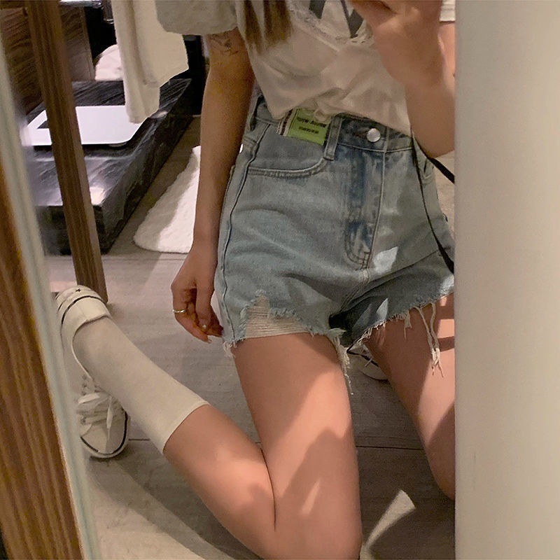 Jiashucheng Quần Short Denim Rách Dáng Chữ a Lưng Cao Màu Xanh Lá Phối Nhãn Hàng Mới Thời Trang Mùa Hè Dành Cho Bạn Nữ