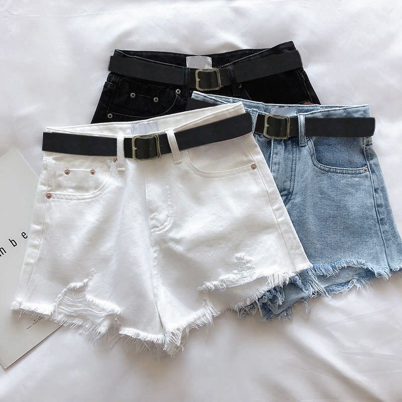 Jiashucheng Quần Short Denim Lưng Cao Dáng Chữ a Phối Rách Thời Trang Mùa Hè Cho Nữ