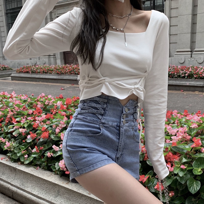 Jiashucheng Quần Short Denim Lưng Cao Dáng Rộng Thời Trang Cho Nữ