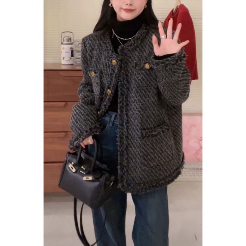 Áo khoác dạ tweed lông chuột dáng dài, cổ tròn 2 lớp | BigBuy360 - bigbuy360.vn
