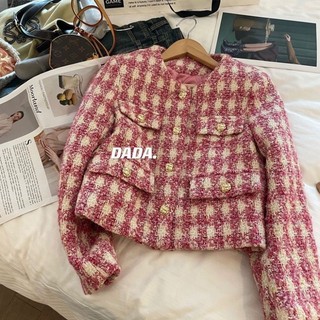 Áo khoác dạ tweed hồng cao cấp, cổ tròn cúc đồng, dạ mềm đứng phom