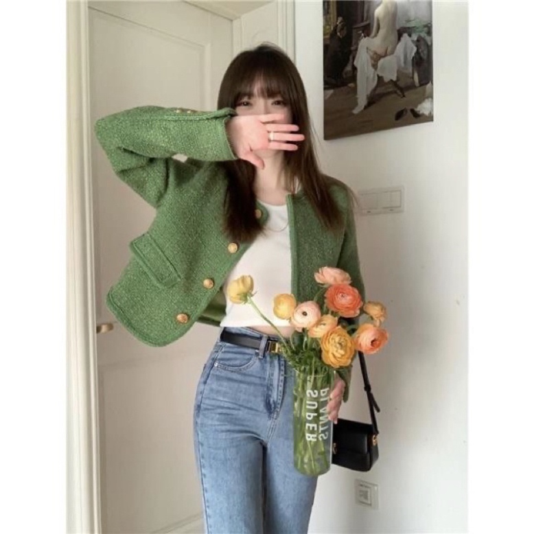 Áo khoác dạ tweed xanh lá, dáng nhỡ, Quảng châu 2 lớp,