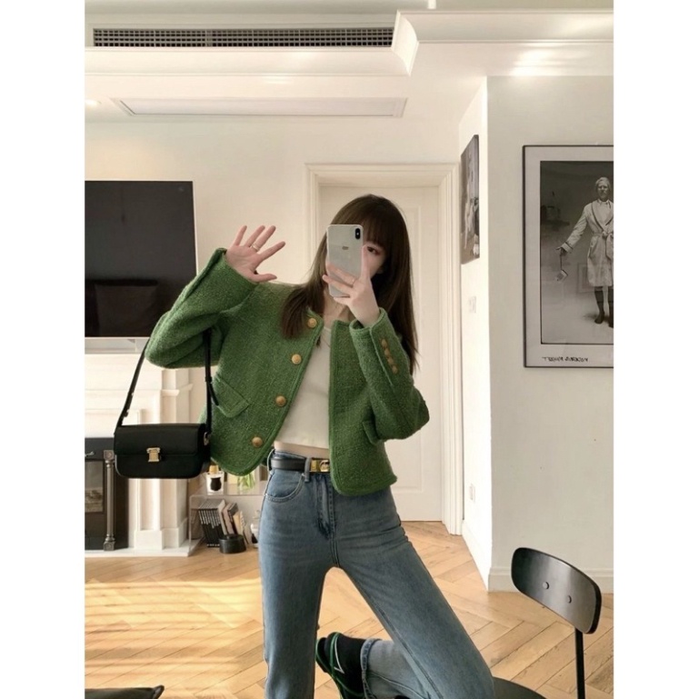 Áo khoác dạ tweed xanh lá, dáng nhỡ, Quảng châu 2 lớp,