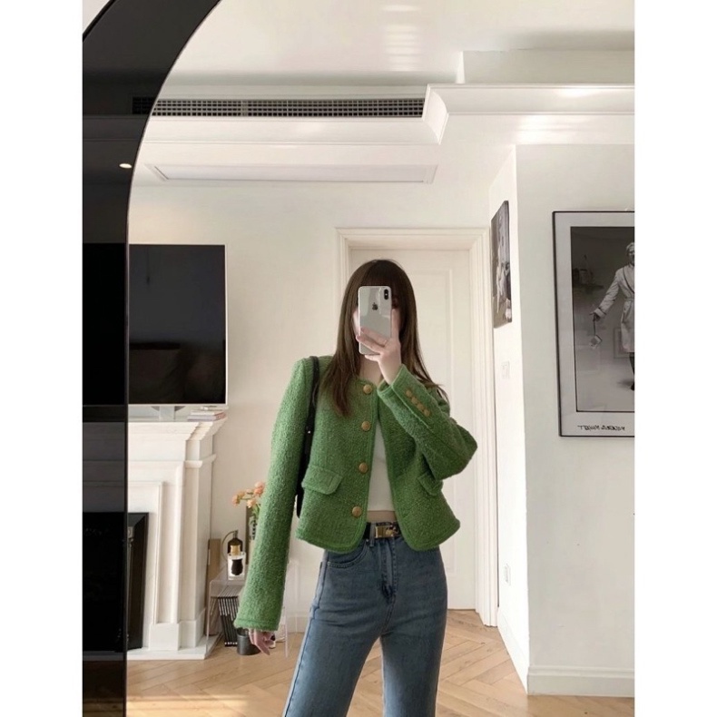 Áo khoác dạ tweed xanh lá, dáng nhỡ, Quảng châu 2 lớp,