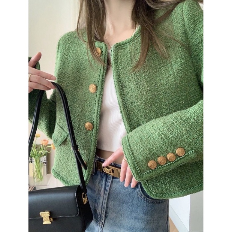 Áo khoác dạ tweed xanh lá, dáng nhỡ, Quảng châu 2 lớp,
