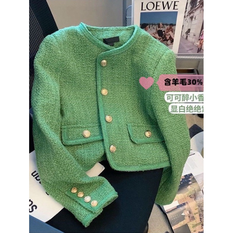 Áo khoác dạ tweed xanh lá, dáng nhỡ, Quảng châu 2 lớp,