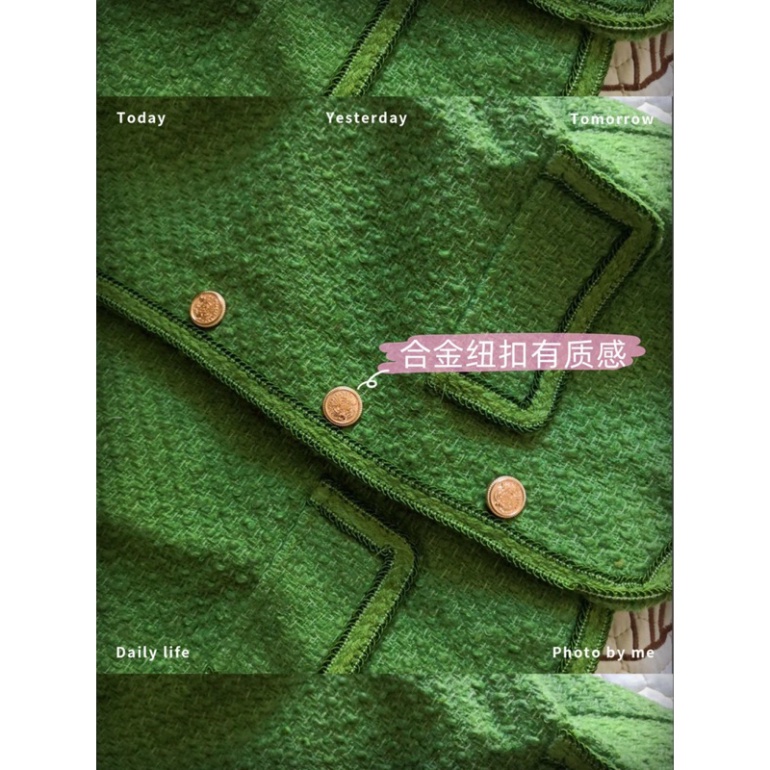 Áo khoác dạ tweed xanh lá, dáng nhỡ, Quảng châu 2 lớp,