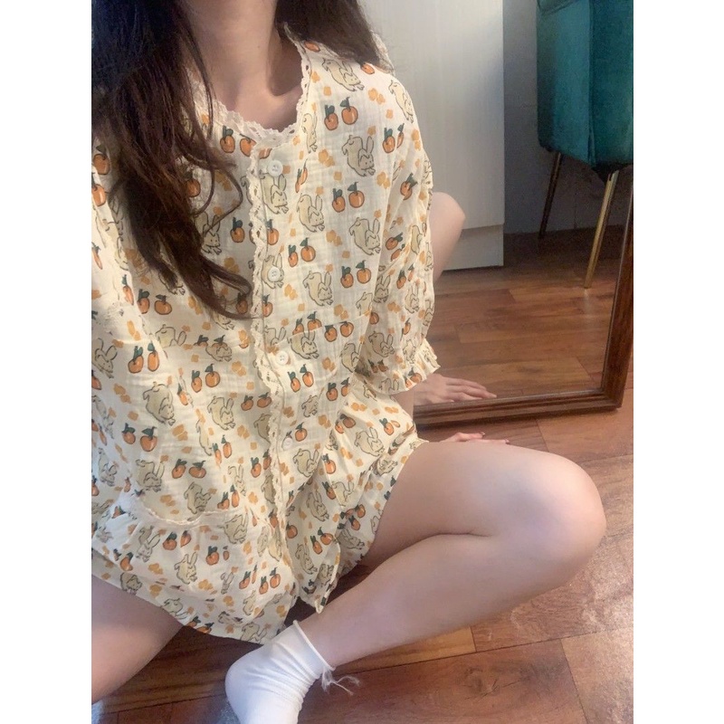 Bộ Đồ Ngủ Ngắn Tay Phối Ren Họa Tiết Hoạt Hình Phong Cách Nhật Bản Thời Trang Mùa Hè Cho Nữ