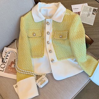 Áo khoác dạ tweed vàng chanh, cổ bẻ ta gập phối cúc Ngọc bọc kim loại