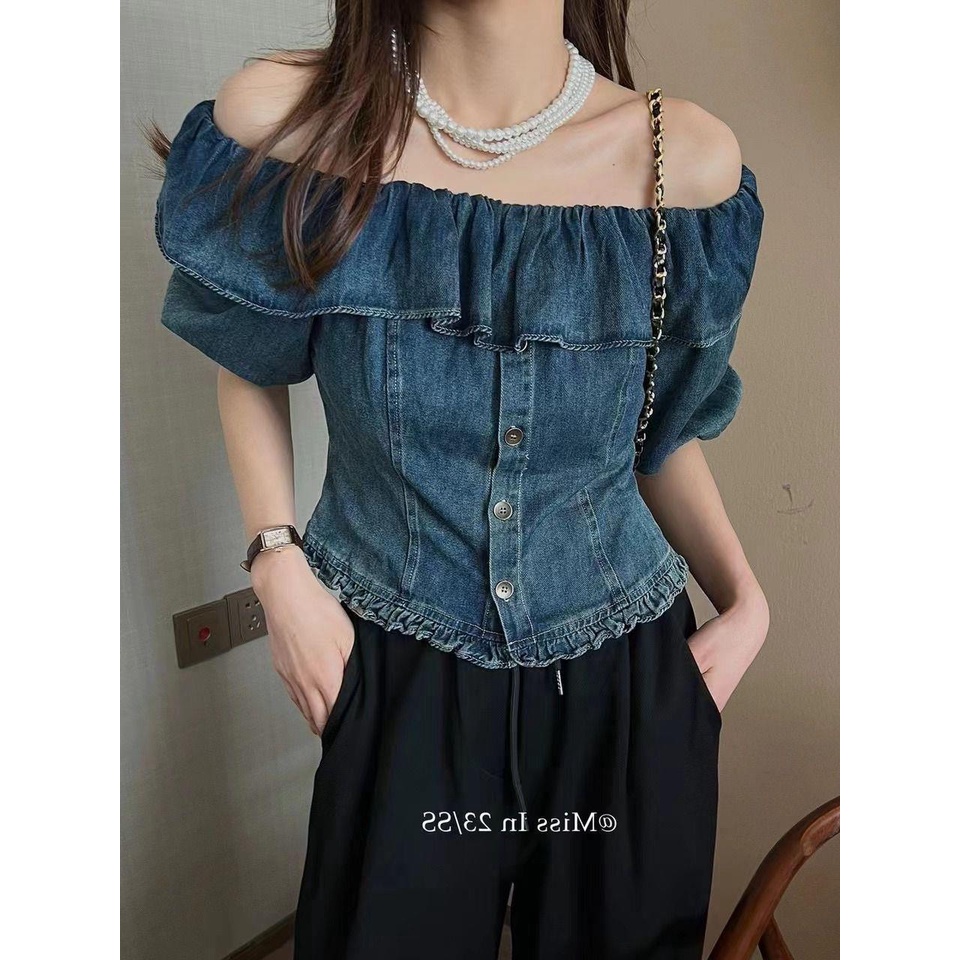 Yuexunsummer Áo Sơ Mi denim Trễ Vai Tay Ngắn Phối Bèo Thời Trang Mùa Hè